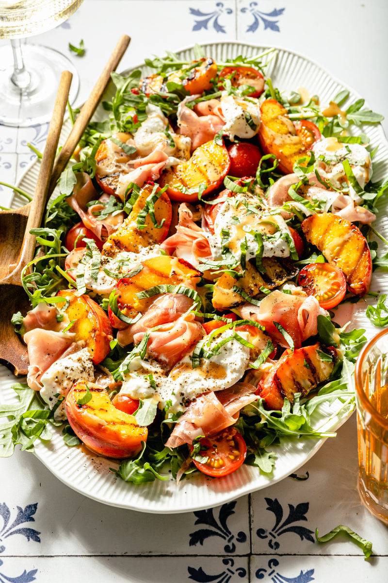 Grilled Peach, Prosciutto and Burrata Salad with Honey Dijon SideDish