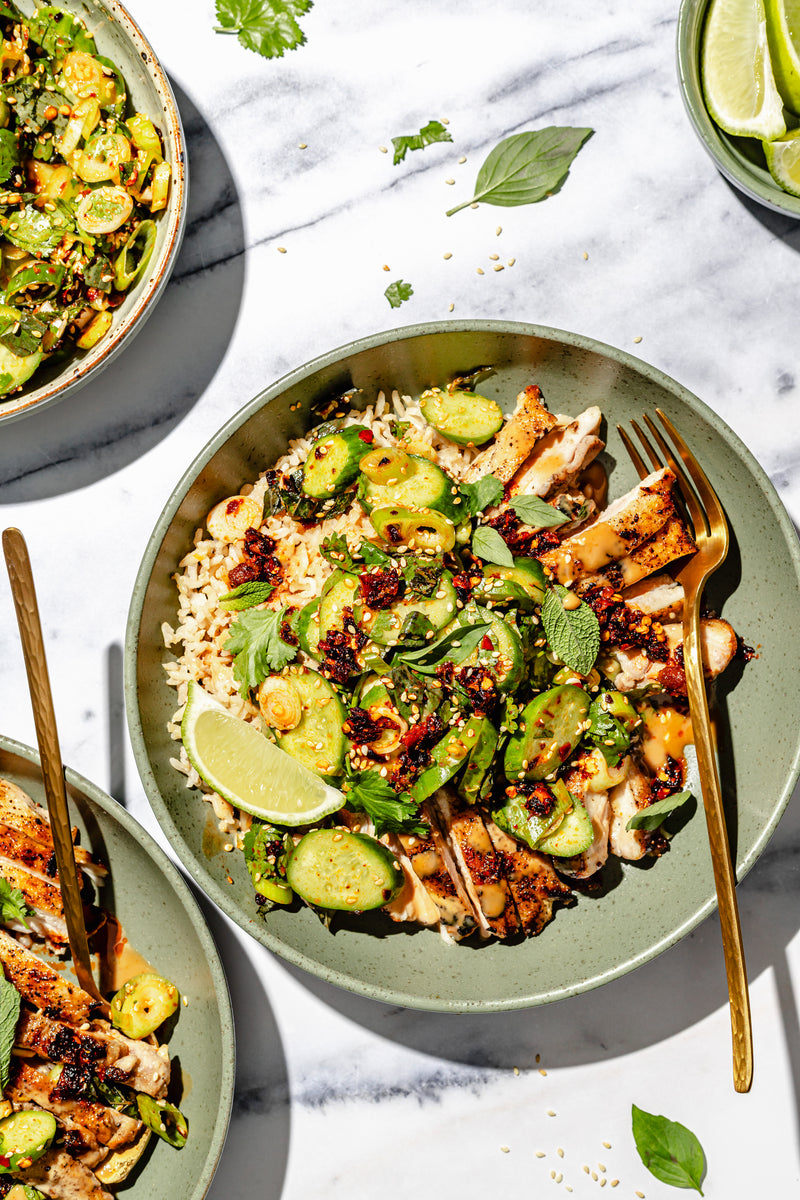 Creamy Sesame Chicken Bowls with Cucumber Salad