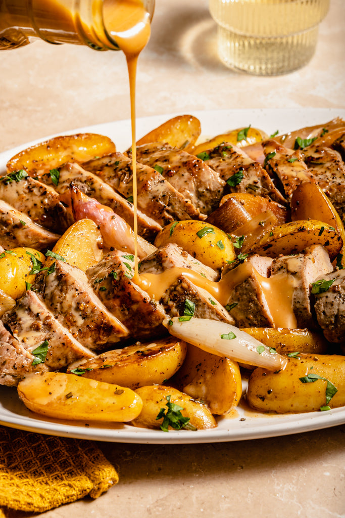 Honey Dijon Skillet Pork Tenderloin with Potatoes and Shallot