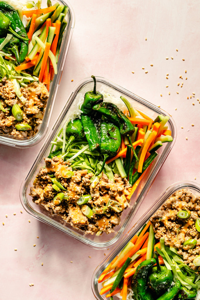 Meal Prep Spicy Sesame Beef + Shishito Bowls
